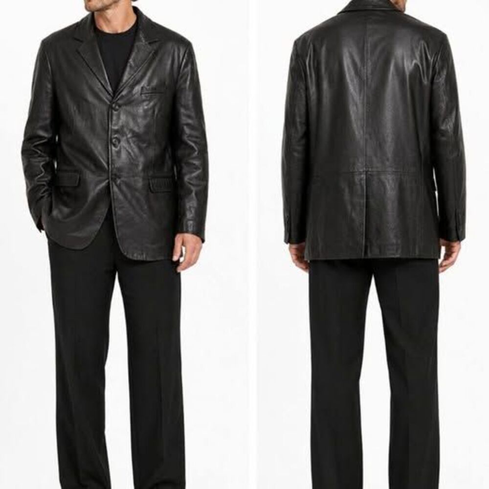 Hugo Boss Vintage Genuine Leather Blazer Jacket Men's Black 3 Button Classic 40R